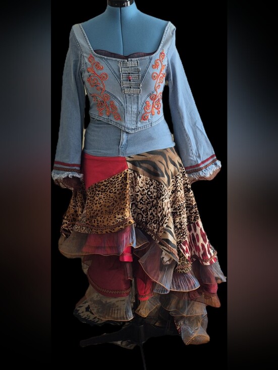 LA Refashions Dresses & Skirts - Upcycled Patchwork Asymmetrical Skirt, DenimTop & Cutch in Red and Animal Prints